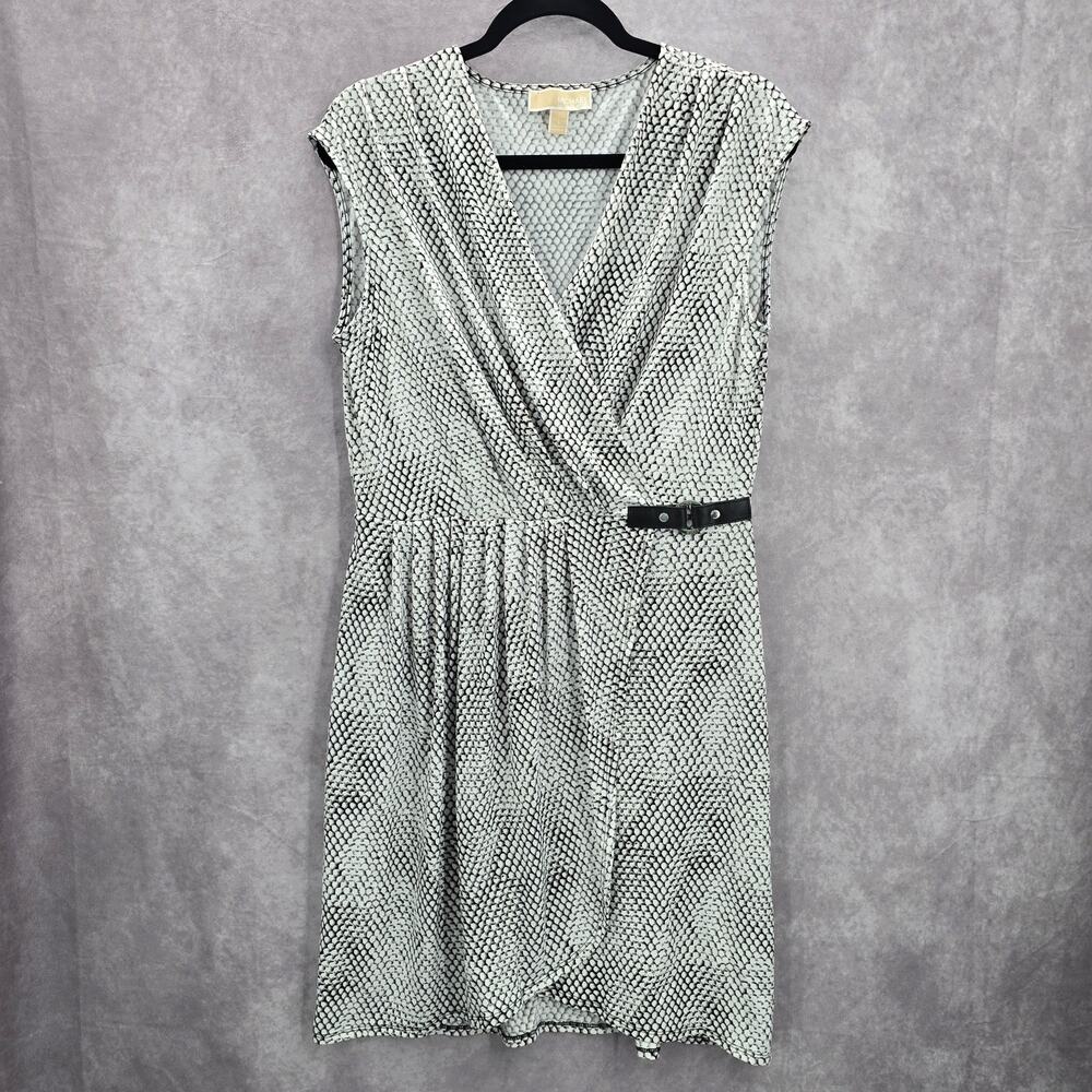 Michael Kors Black White Wrap Midi Knee Length Short Sleeve Dress Large
